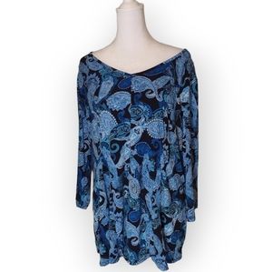 Roz and Ali Blue Swirl Mosaic Long Sleeve Mini Dress Size 1X